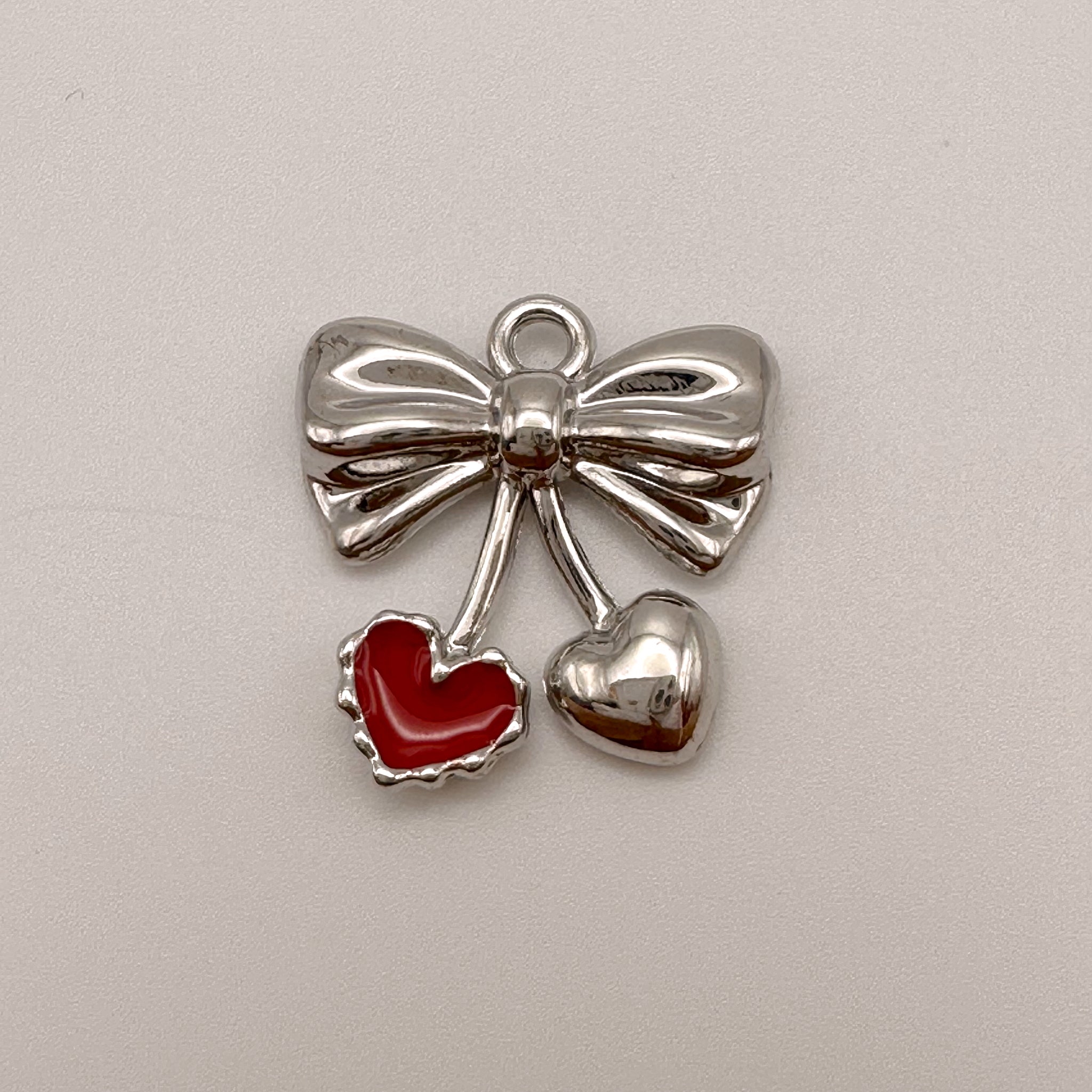 Red Heart Bow Charm - Silver