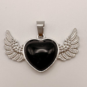 Large Obsidian Flying Heart Charm - Silver
